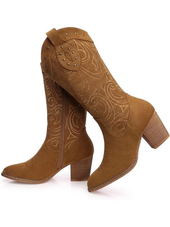 Shoes - Women's Western Pointed Toe Chunky Heel Suede Embroidered Mid Calf Boot Brown